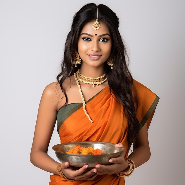 Uma bela mulher indiana segurando um prato de pooja com fundo branco
