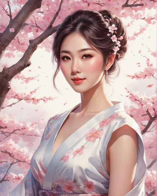 Foto uma bela mulher japonesa vestindo um vestido de seda branca cercada por árvores sakura