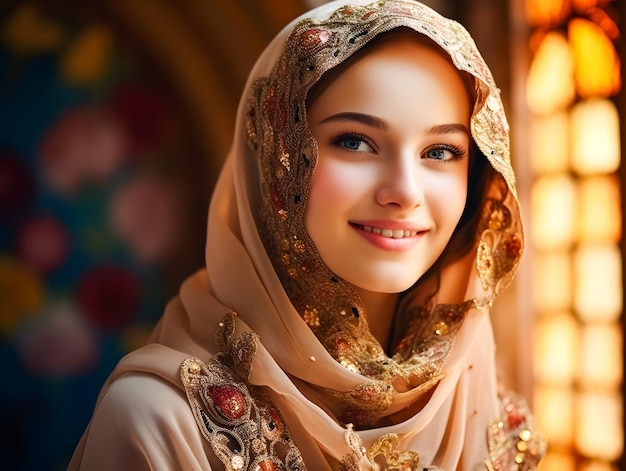 Uma bela mulher muçulmana sorridente de hijab com flores, conceito de Eid Mubarak Ramadan.