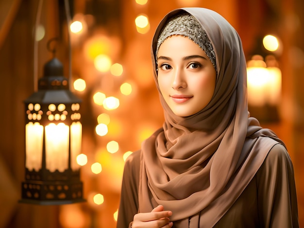 Foto uma bela mulher muçulmana sorridente de hijab com lanterna na mesquita eid mubarak conceito de ramadã