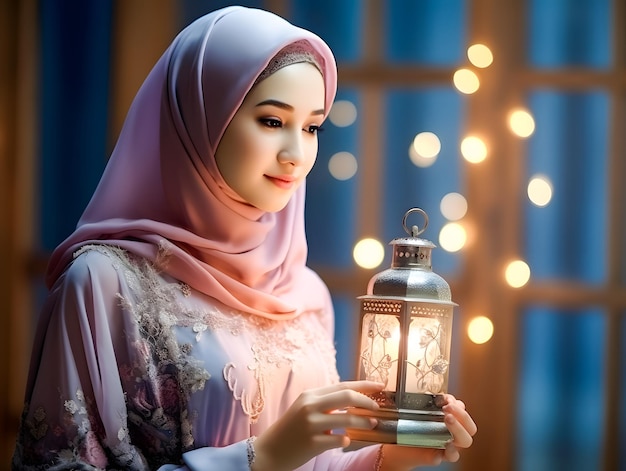 Foto uma bela mulher muçulmana sorridente de hijab com lanterna na mesquita eid mubarak conceito de ramadã