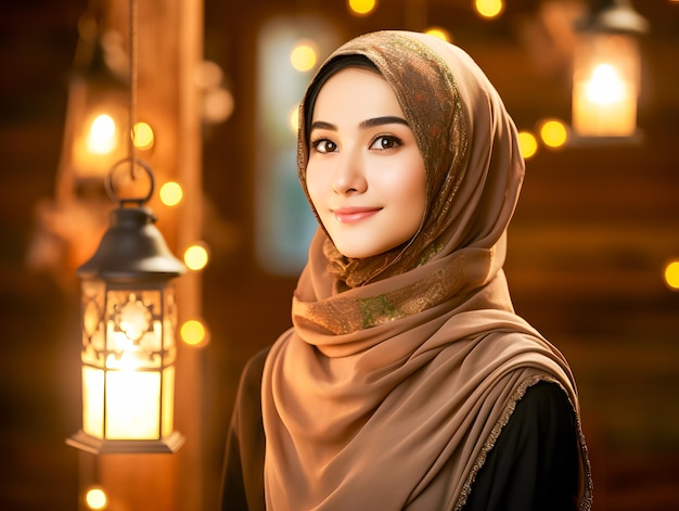 Uma bela mulher muçulmana sorridente de hijab com lanterna na mesquita Eid Mubarak conceito de Ramadan.