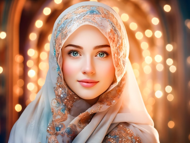 Uma bela mulher muçulmana sorridente de hijab com luzes bokeh eid mubarak conceito de Ramadã.