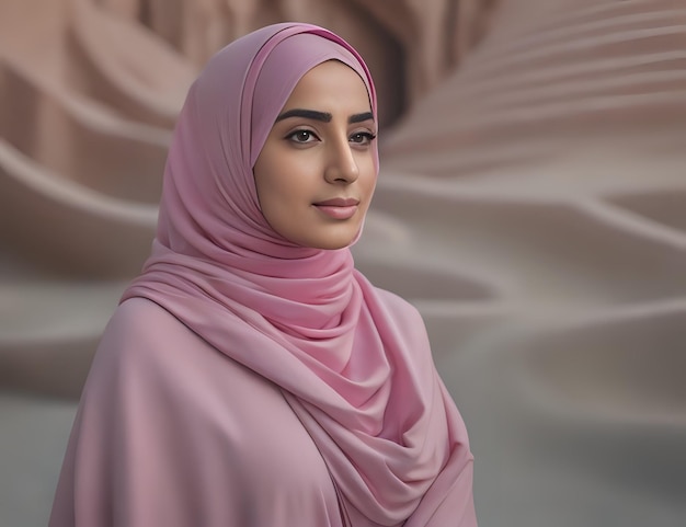 Uma bela mulher muçulmana vestindo hijab rosa profissional em vestido casual no deserto conceito religioso islâmico