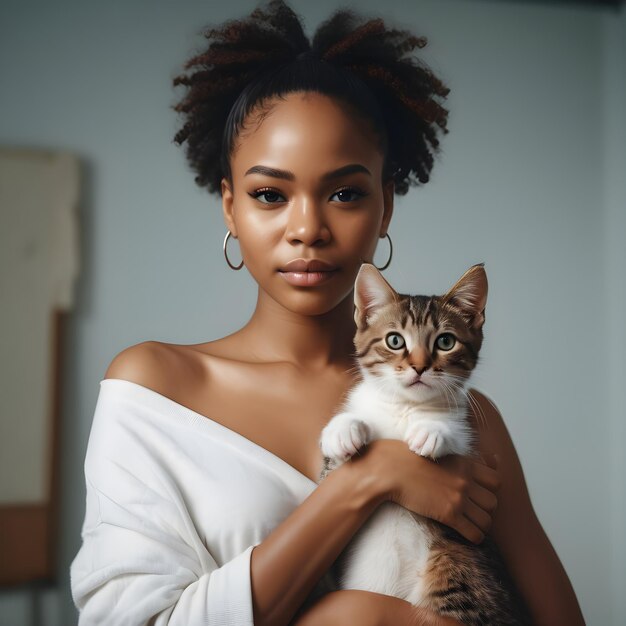 Foto uma bela mulher negra carrega o seu gato