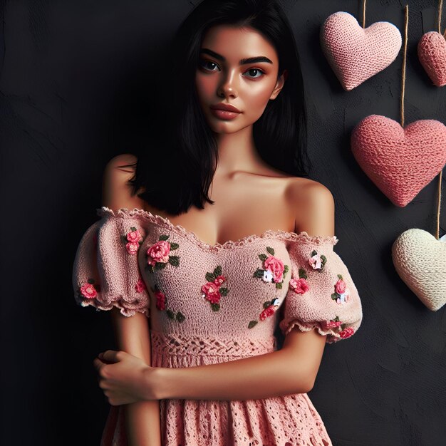 Uma bela mulher num vestido de tricô rosa irradia elegância e ternura.