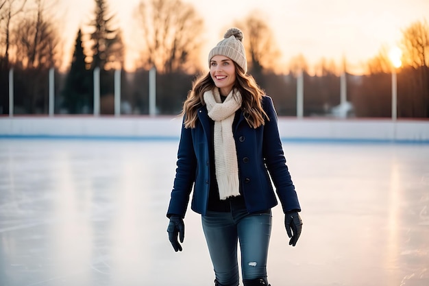 uma bela mulher patinando no gelo na pista de patinação no inverno ao pôr do sol lá fora