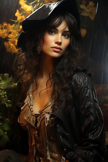 Uma bela mulher posando ao lado da chuva