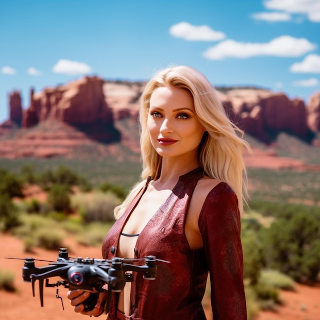 uma bela mulher segurando um drone no deserto