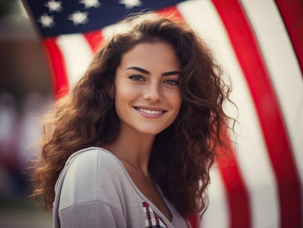 Uma bela mulher sorridente dos EUA com uma bandeira dos EUA