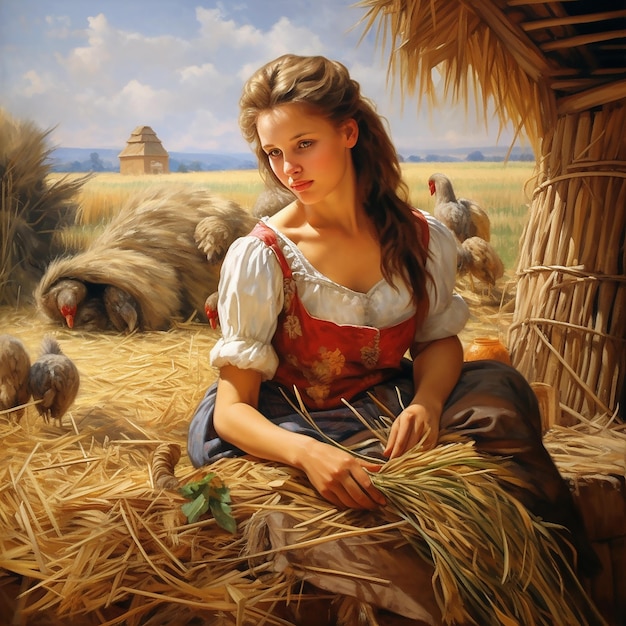 Uma bela mulher ucraniana trabalha numa fazenda coletiva.