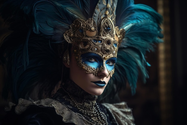 Uma bela mulher usa uma elegante máscara de carnaval.