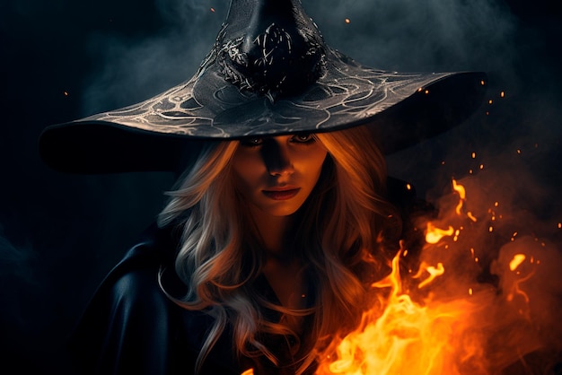 uma bela mulher vestindo roupas de bruxa para a celebração de Halloween