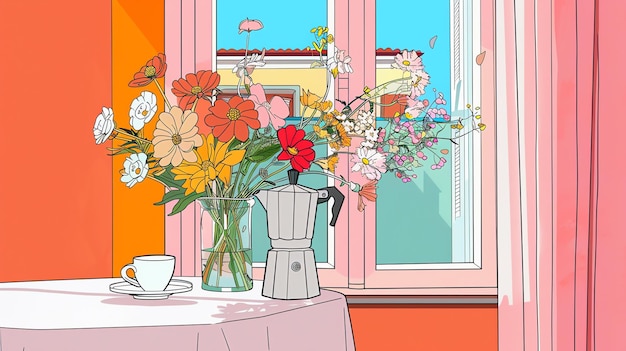 Uma bela natureza morta de um vaso de flores sentado em uma mesa na frente de uma janela