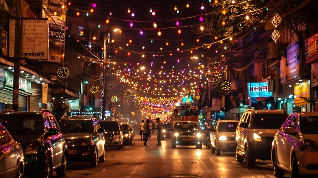 Uma bela noite de Diwali na Índia as ruas estão iluminadas com luzes coloridas e as pessoas estão fora fazendo compras e celebrando