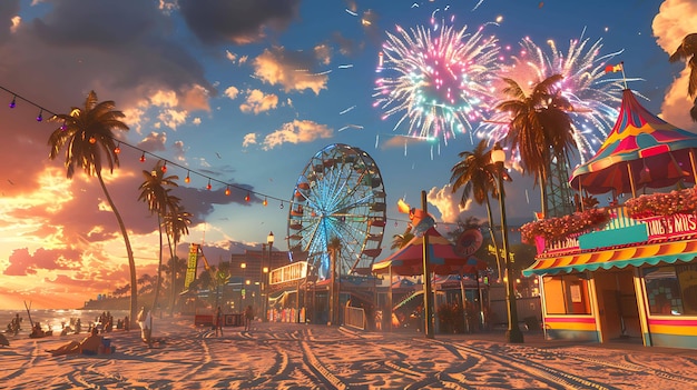 Uma bela noite de verão na praia Uma roda gigante e outros passeios de carnaval são siluetas contra o pôr do sol