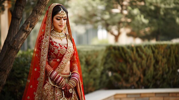 Uma bela noiva indiana vestindo um vestido de noiva vermelho e dourado ela está de pé em um jardim cercado de árvores e flores