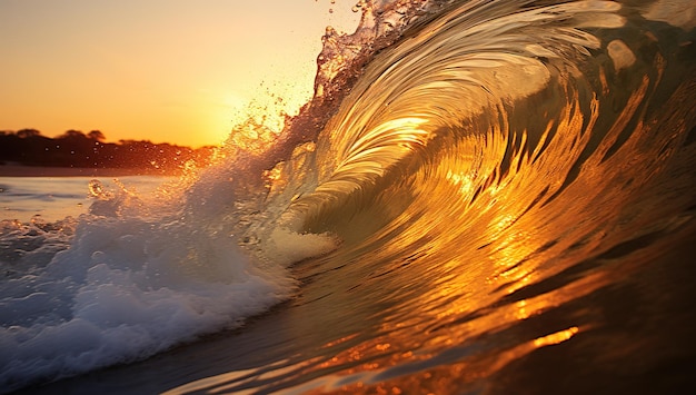 Foto uma bela onda ao pôr-do-sol com a luz dourada do sol a brilhar através da água ideal para uso