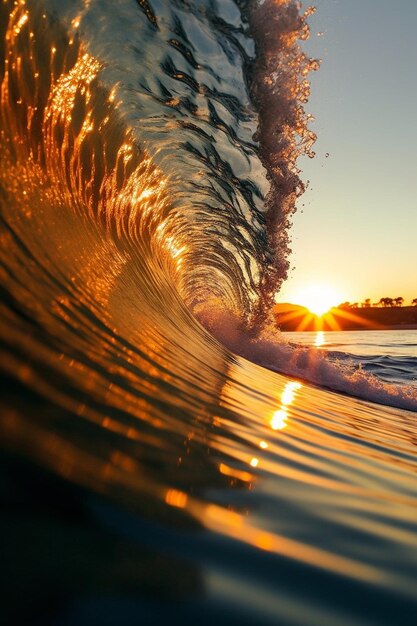 Foto uma bela onda de watter grande curling com a luz do sol brilhando foto de visão ultra 4k