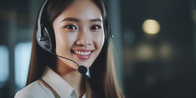 Uma bela operadora de telefone asiática de suporte ao cliente em fone de ouvido a trabalhar no escritório.