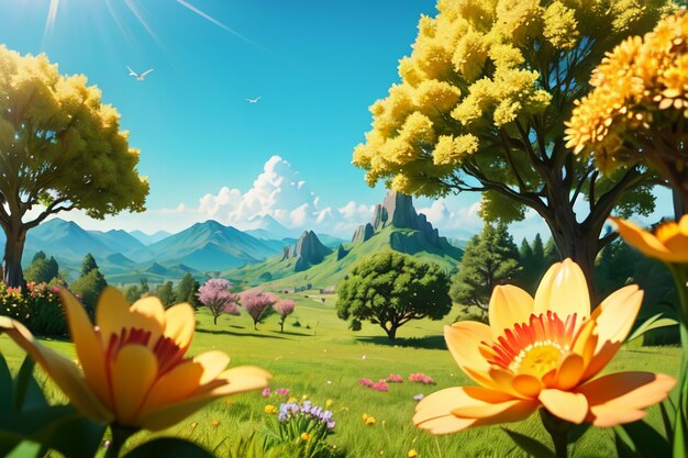 Uma bela paisagem com flores e montanhas ao fundo.