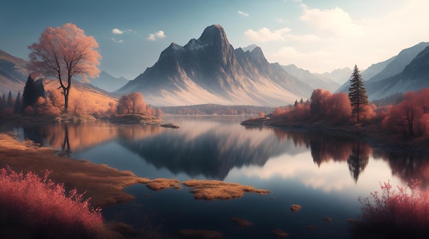 Uma bela paisagem com montanhas do lago e céu nublado