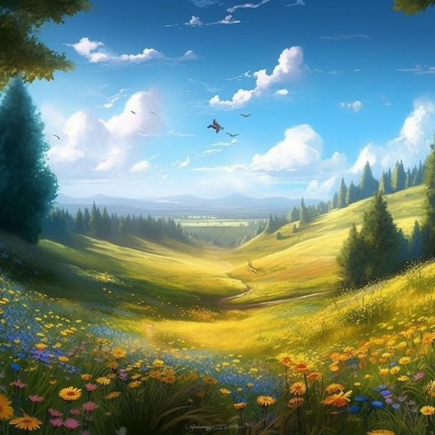 Uma bela paisagem com um campo de flores e pássaros.