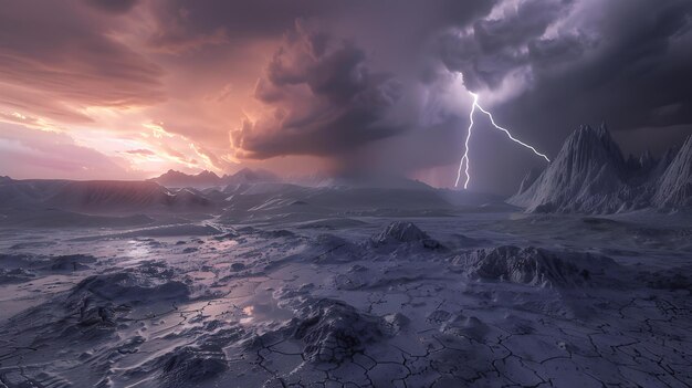 Uma bela paisagem com um céu tempestuoso o relâmpago está batendo no chão à distância e o trovão está rugindo