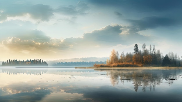 uma bela paisagem com um lago e árvores ao fundo