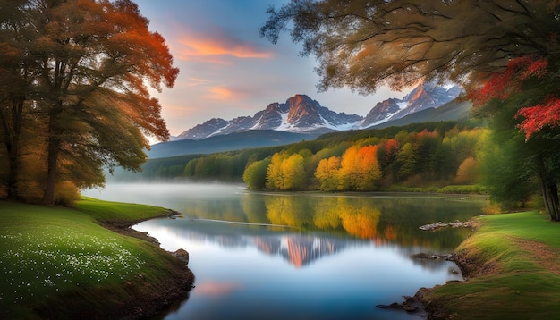 uma bela paisagem com um lago e montanhas ao fundo