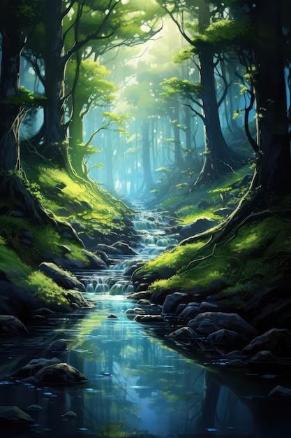 Uma bela paisagem de fantasia com um rio e uma floresta