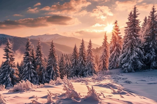 Uma bela paisagem de inverno com árvores cobertas de neve.