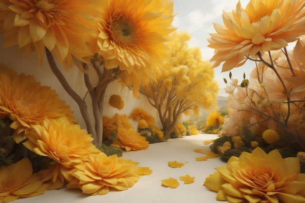 uma bela paisagem de outono com flores amarelas e árvores generativas ai