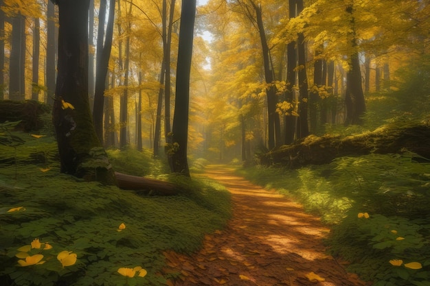 uma bela paisagem de outono de uma floresta com árvores coloridas e folhas caídas coloridas no bac