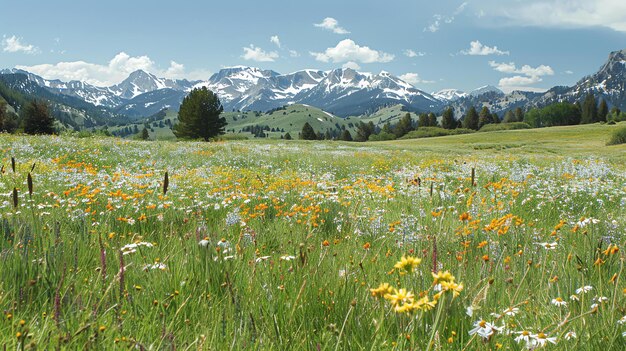 Uma bela paisagem de um prado de montanha em plena floração as flores silvestres são um tumulto de cores e as montanhas no fundo são majestosas