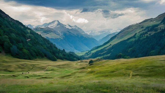 Uma bela paisagem de um vale verde perto das montanhas alpinas na Áustria sob o céu nublado