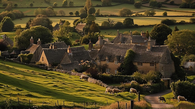 Uma bela paisagem de uma pequena aldeia no campo As casas de pedra estão cercadas por campos verdes e árvores.