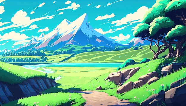 Foto uma bela paisagem de verão estilo anime vale verde rio altas montanhas com picos cobertos de neve céu azul com nuvens brancas geradas por ia