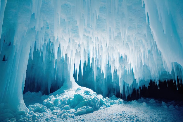 Uma bela paisagem dentro de uma grande caverna de gelo sob uma geleira islandesa com estalactites e estalagmites