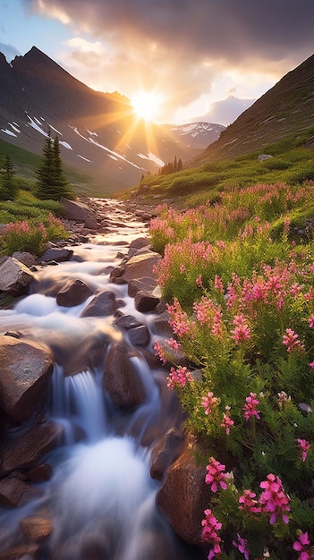 Uma bela paisagem montanhosa com um rio e flores.