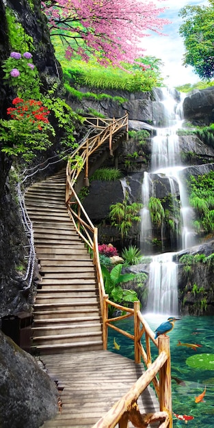 Foto uma bela paisagem natural com uma cachoeira em cascata árvores verdes exuberantes e um riacho refrescante