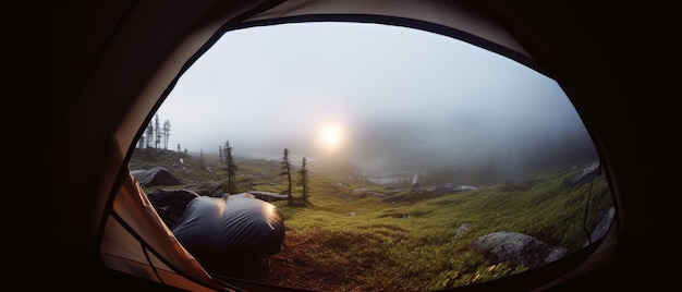Uma bela paisagem vista de dentro de uma aconchegante tenda Generative AI