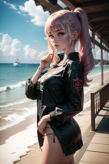 uma bela personagem com cabelo rosa na praia
