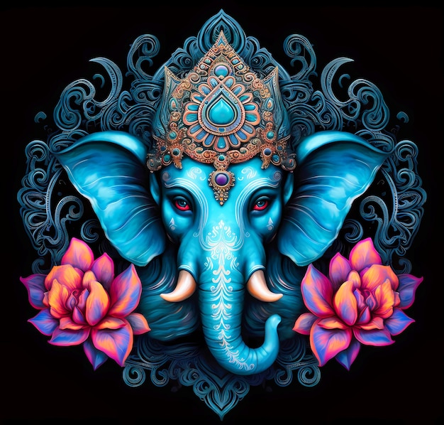 Uma bela pintura azul de Ganesh, o deus indiano, sobre um fundo preto.