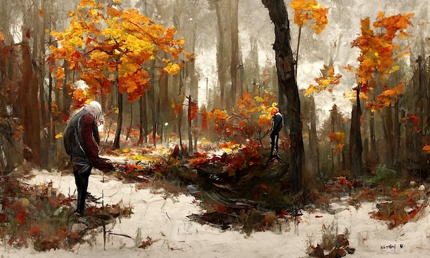 Uma bela pintura da pintura a óleo da floresta de outono