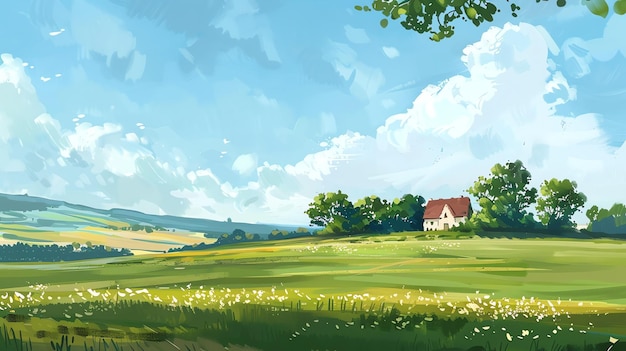 Uma bela pintura de paisagem de uma casa num campo de flores o céu é azul e nublado e as árvores são verdes