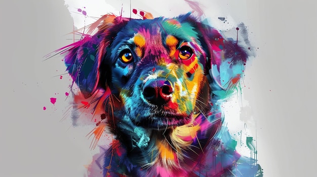 Uma bela pintura de um cão com cores vibrantes O cão tem olhos castanhos claros e um nariz preto