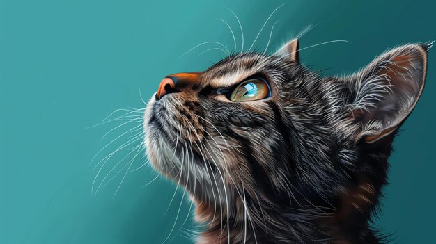 Foto uma bela pintura detalhada de um gato olhando para cima com olhos verdes largos o gato tem pêlo longo e fofo e um nariz rosa