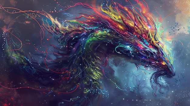 Uma bela pintura digital de um dragão colorido O dragão é retratado com escamas vibrantes e uma longa crina fluindo