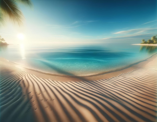 Uma bela praia com um oceano calmo e palmeiras ao fundo